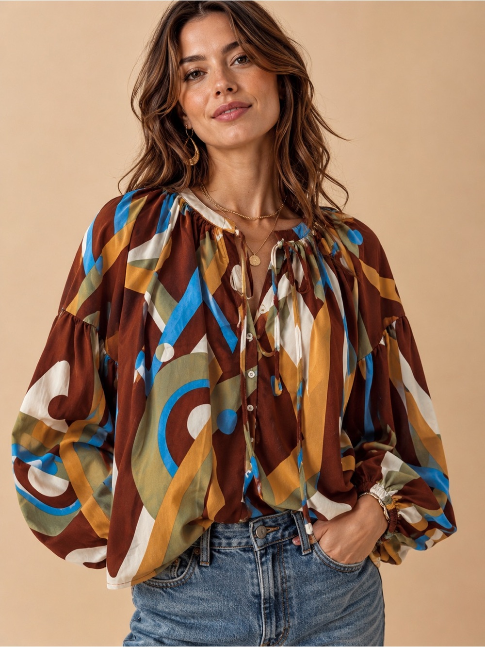 NWT Anthropologie Style Abstract Print Balloon Sleeve Blouse - August Sky